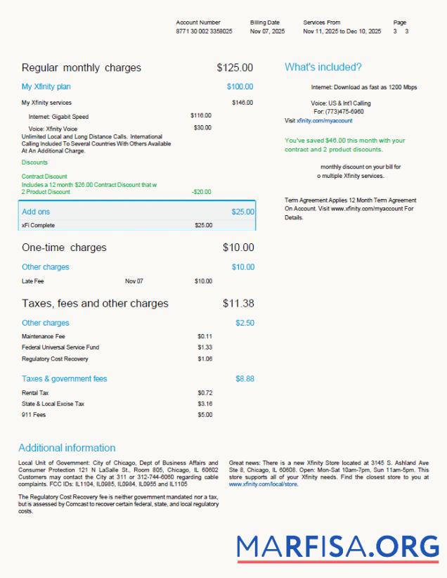 Realistic USA Xfinity utility bill template in Word and PDF formats, 3 pages, version 2, 3rd page